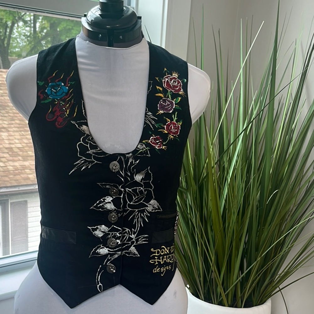 Ed Hardy Black Embroidered Rose Vest with Multicolor Accents